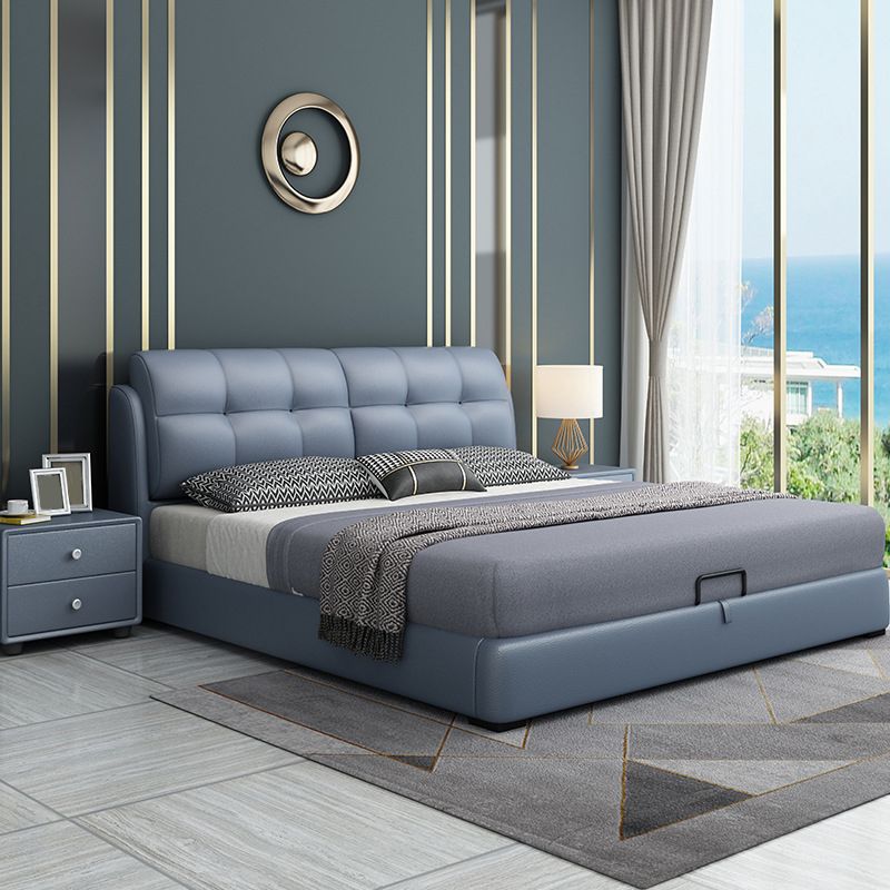 Contemporary Faux Leather Standard Bed, Blue Upholstered Headboard Bed