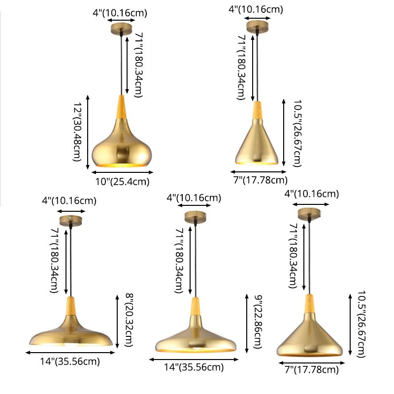 Gold Wood Capped Ceiling Pendant Light Minimalist Style Metal Hanging Light Fixture