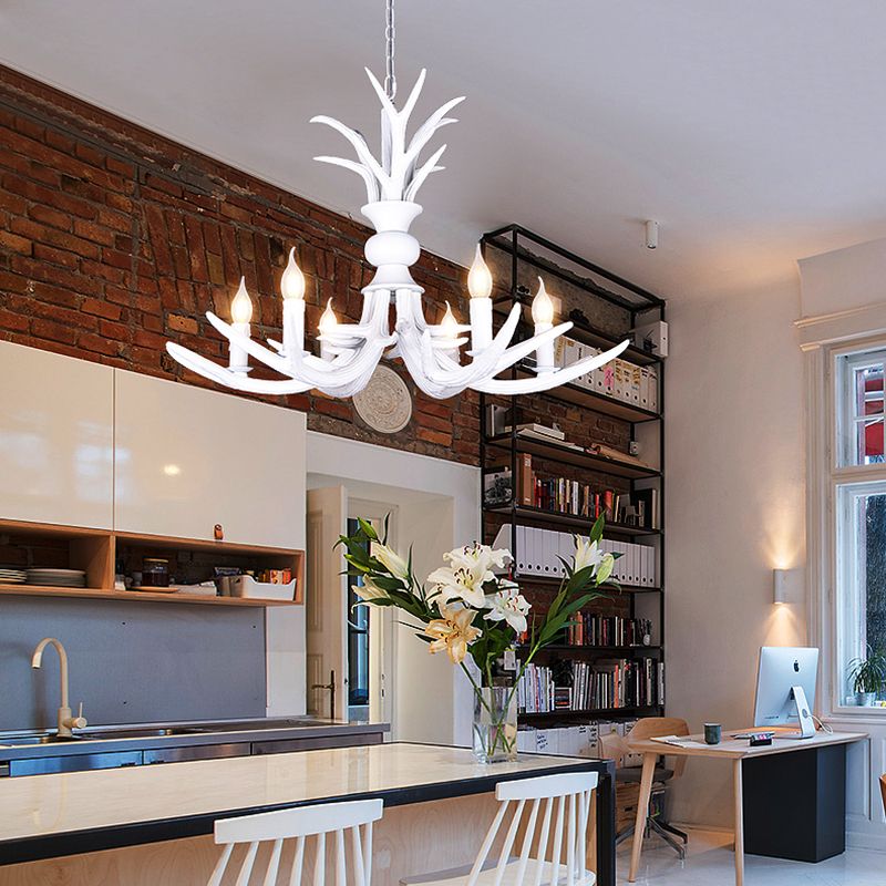 Resin White Hanging Chandelier Candle Shape 6/8 Bulbs Rustic Pendant Light Fixture for Restaurant