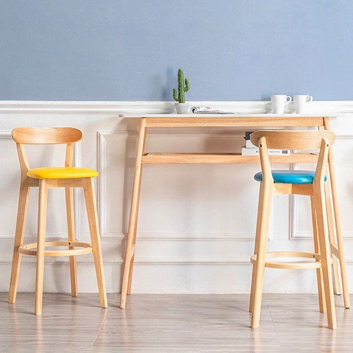 Scandinavian Rubberwood Milk Tea Shop Stool Matte Finish Upholstered Footrest Barstool