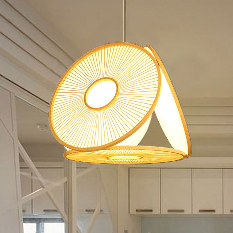 Beige Circle Shaped Pendant Lamp Contemporary 1 Light Bamboo Hanging Lighting for Dining Room