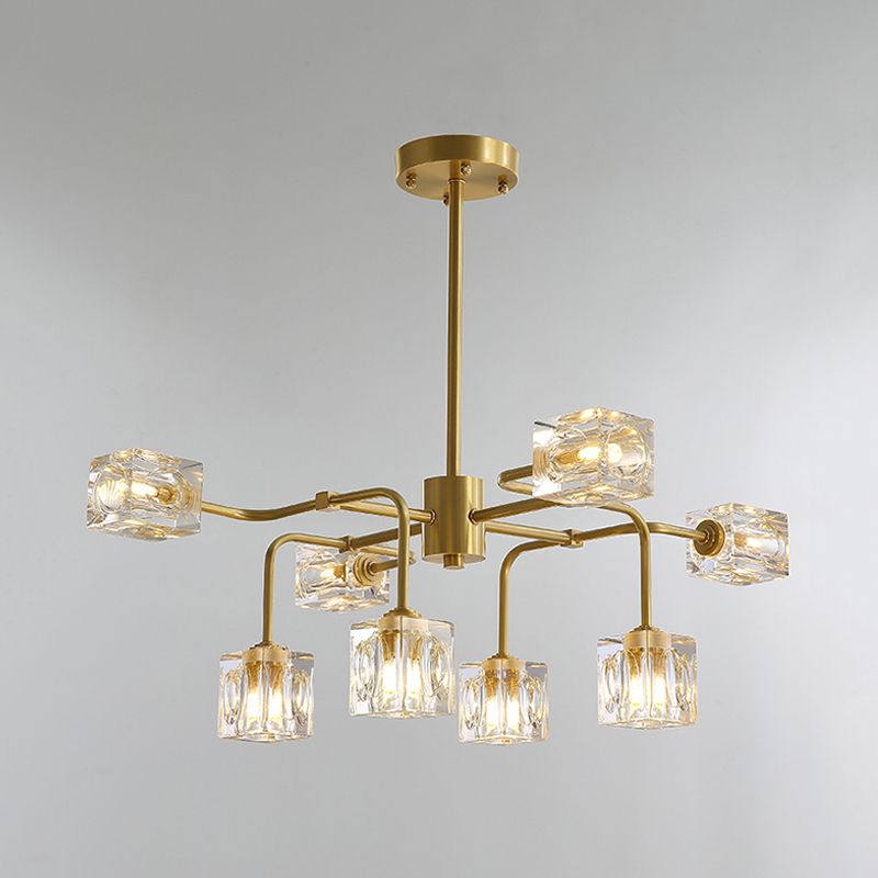 Crystal Cube Gold Chandelier Lamp Traverse 8 Bulbs Modern Style Suspension Pendant
