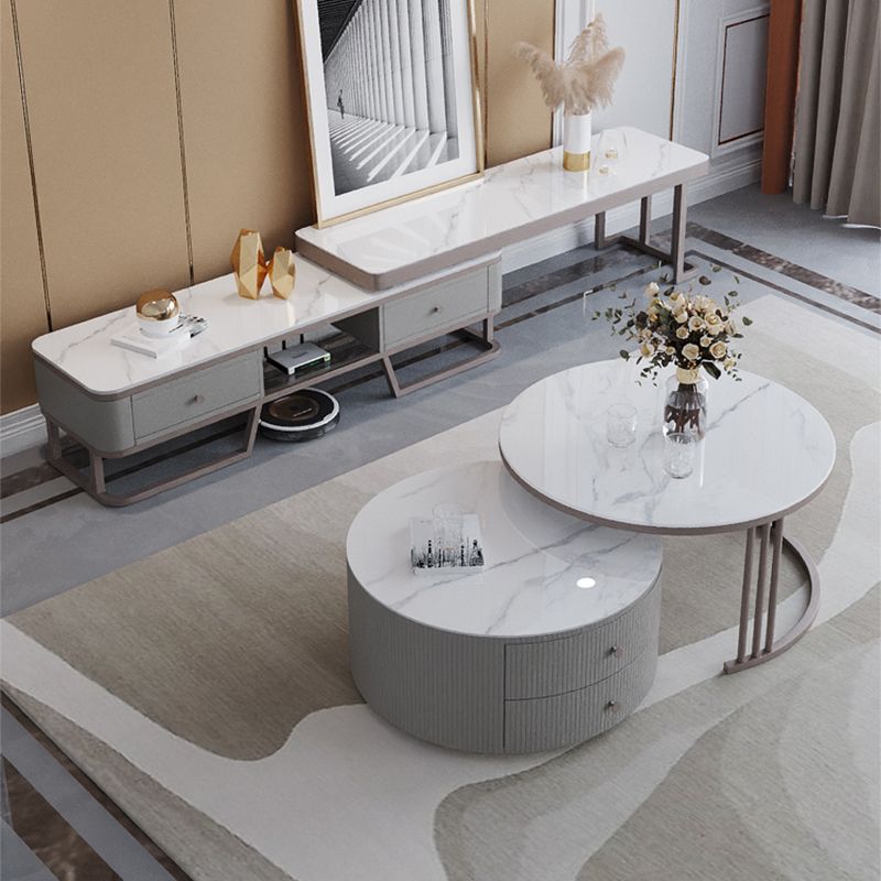 Modern Cocktail Table Round Glass / Slate Coffee Table with Storage