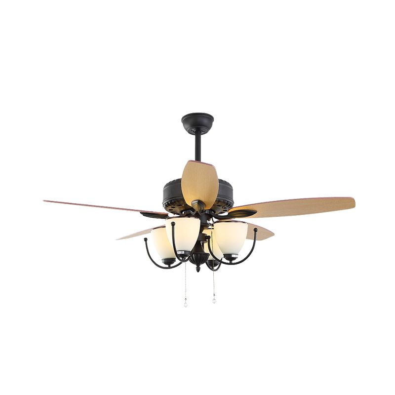 52" W 4 Lights Cup Shape Hanging Fan Light Traditional Black Cream Glass Up/Down Semi Flush Lamp with 5 Brown Blades, General/Frequency Conversion