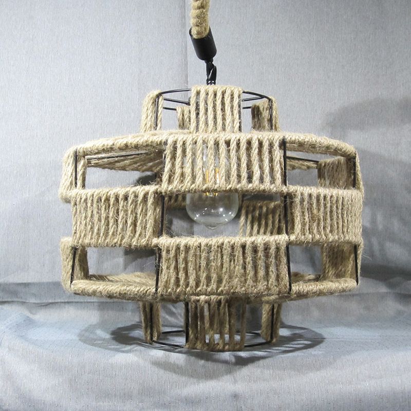 Lantern Shaped Restaurant Pendant Light Antique Hemp Rope 1-Light Beige Hanging Light Fixture with Artificial Ivy