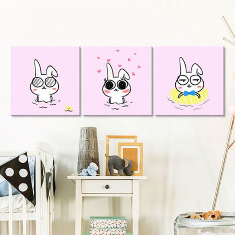 Kawaii Pet Wall Art Set Baby Room Animals Pattern Canvas Print in Soft Color, Set of 3