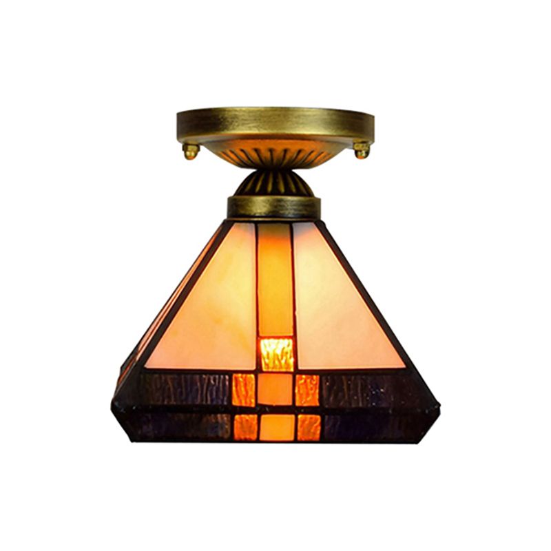 Plafonnier vintage Tiffany Craftsman à 1 lumière en verre teinté en noir/laiton antique pour couloir