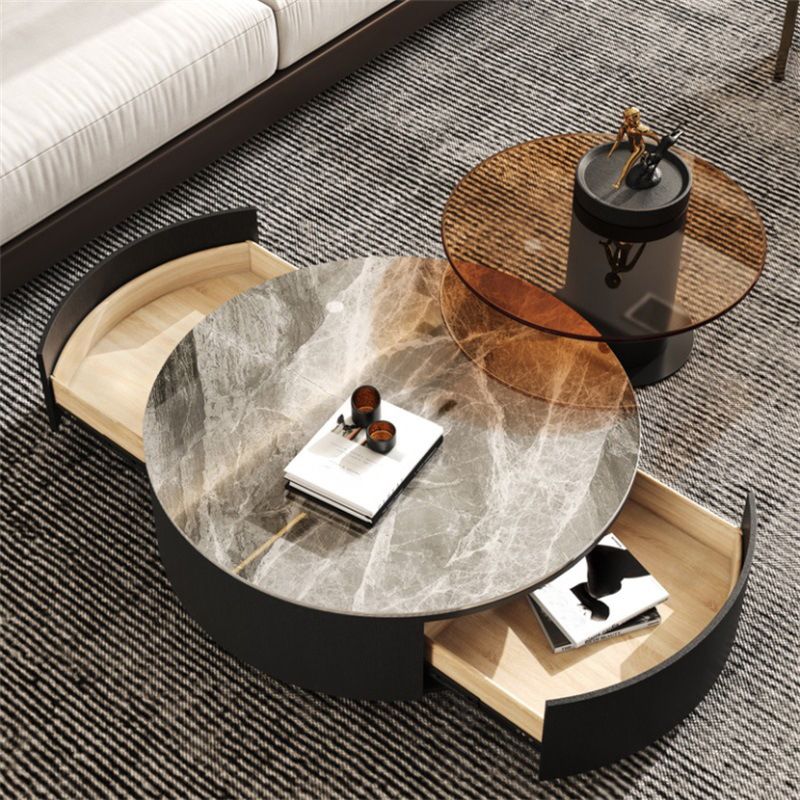 Modern Style Slate Grey/white Top Black Wood Base Round Coffee Table