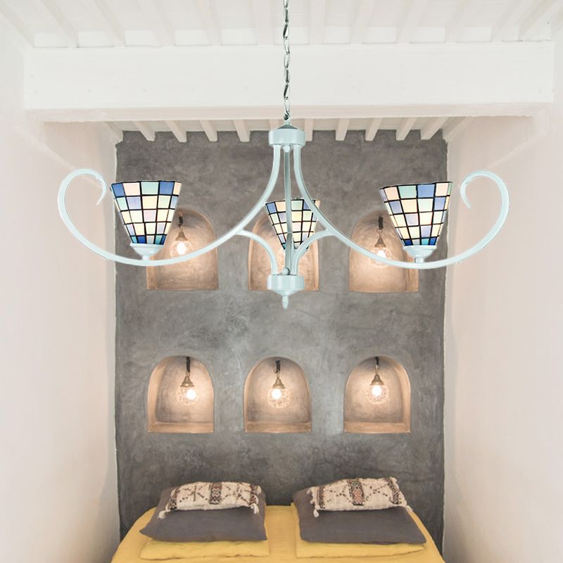 Illuminazione a ciondolo cono con catena regolabile tradizionale lampadario di vetro colorato a 3 luci in blu