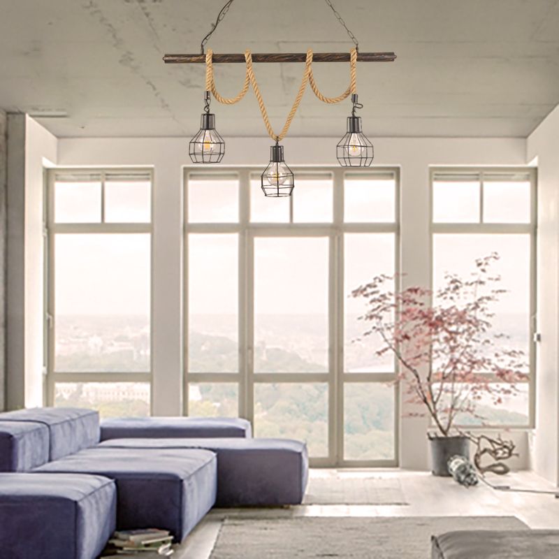 Global/Bottle Restaurant Island Pendant Light Iron 3 Lights Retro Style Black Ceiling Light with Hanging Rope