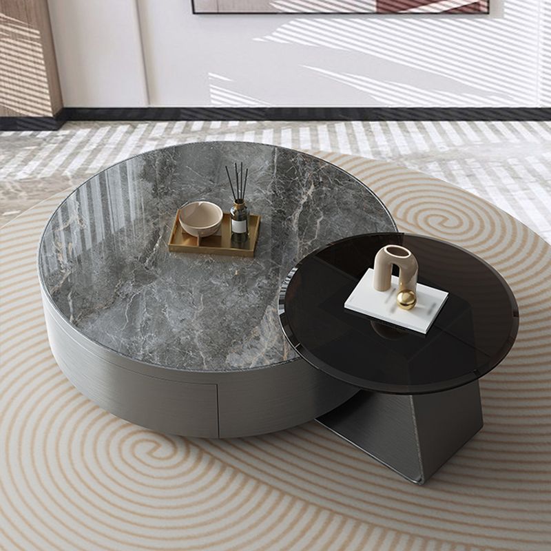 Drum Base Design Cocktail Table Rock Plate/tempered Glass Desktop Coffee Table
