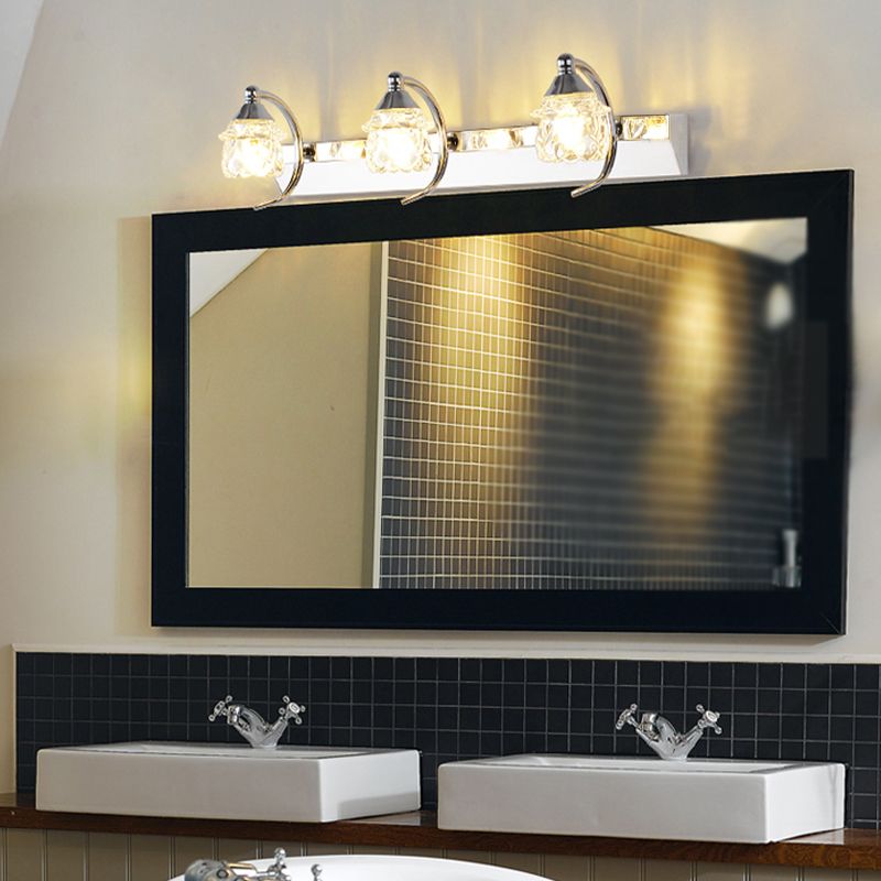 Miroir de vanité de champignons moderne Crystal clair Crystal 3 lumières Lampe murale de salle de bain avec bras incurvé en argent, lumière chaude / blanche