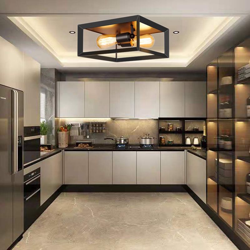 11.8" Wide Industrial Style Ceiling Light Fixture Black Wrought Iron Square Frame 2-Lights Flush Mount Lamp for Cafe Shop