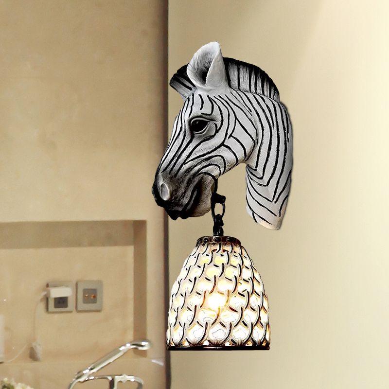 Tiffany Zebra Head Wall Mounted Fixture 1 Light Resin Sconce Light in White for Living Room