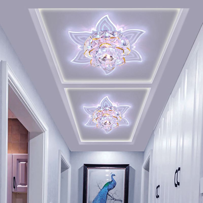 LED Flushmount Simplicity Bedroom Ceiling Lamp with Flower Crystal Shade in Yellow, Warm/White/Multi Color Light