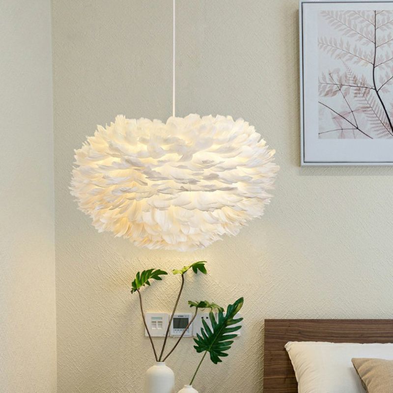 Round Shaped Ceiling Lighting Simplicity Feather Girls Bedroom Hanging Lamp in White