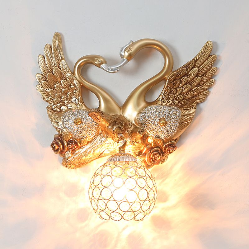 Swan Bedroom Wall Sconce Modern Metal 1 Light Gold Wall Lighting with Globe Crystal Shade