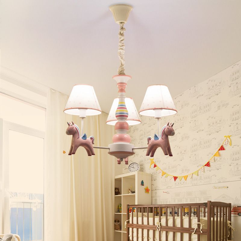 Resin Rainbow Unicorn Chandelier Light Cartoon Pink Ceiling Pendant with Tapered Fabric Shade for Nursery