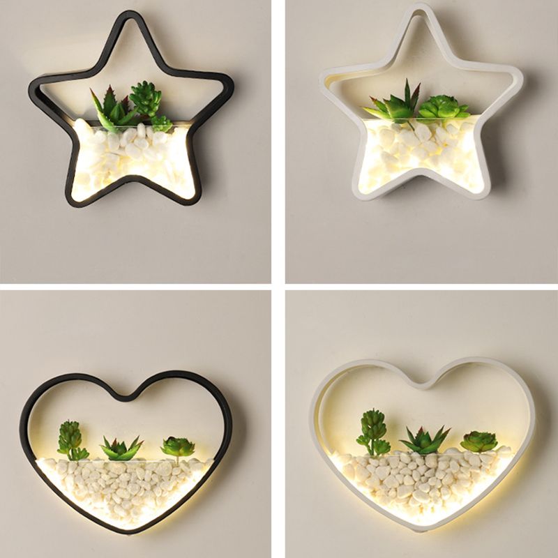 Metal Halo LED Sconce Light Art Deco Wall Mounted Light with Cobblestone and Imitation Plant