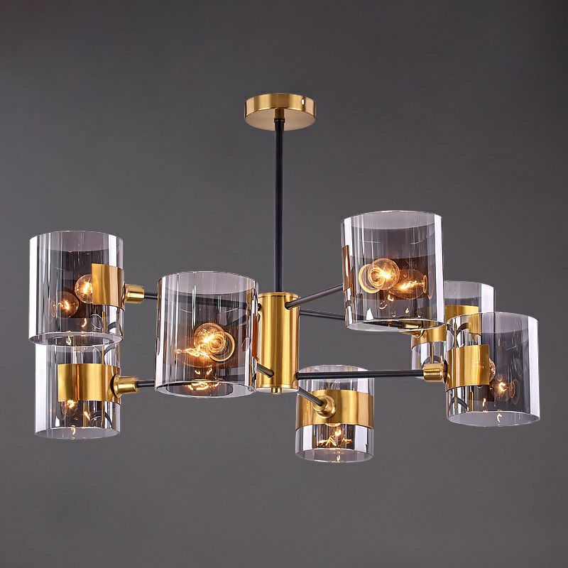 Smoke Grey Glass Cylinder Chandelier Minimalistic Black-Brass Ceiling Pendant Light for Dining Room