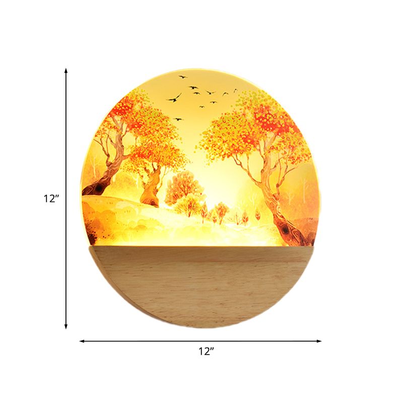 Acrylic Circular Autumn Trees Wall Lighting Nordic Style LED Wood Wall Mural Light for Corridor