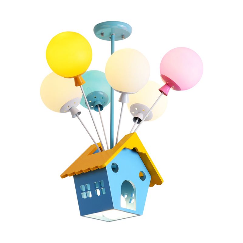 Wood House Pendant Light with Colorful Balloon 7 Heads Cartoon Chandelier in Blue for Child Room