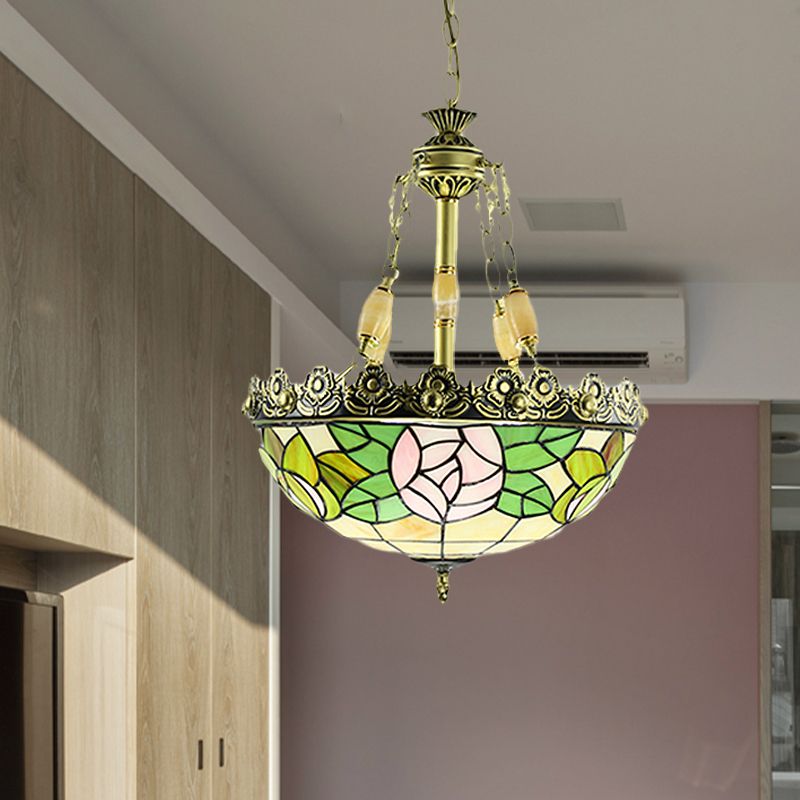 Tiffany Sunflower/Rose Chandelier 3/4 Lights Stained Art Glass Pendant Light Kit in Red/Green for Bedroom