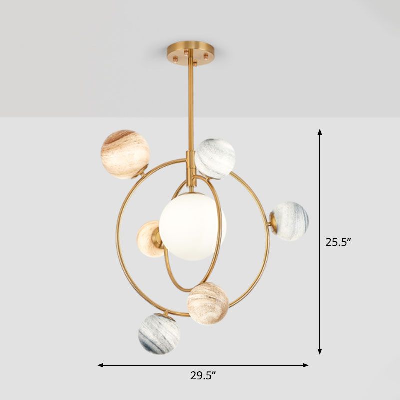 Planet Childrens Bedroom Chandelier Stained Glass 7-Light Modern Ceiling Light with Metal Ring in Gold