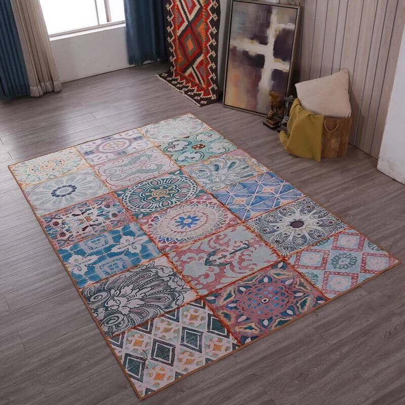 Multi Colored Living Room Rug Moroccan Patchwork Print Rug Synthetics Non-Slip Backing Pet Friendly Stain Resistant Rug