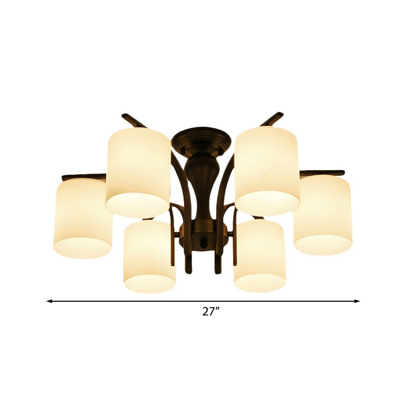 3/5/6 Lights Semi Flush Mount Traditional Cylinder Frosted Glass Ceiling Light in Black for Bedroom