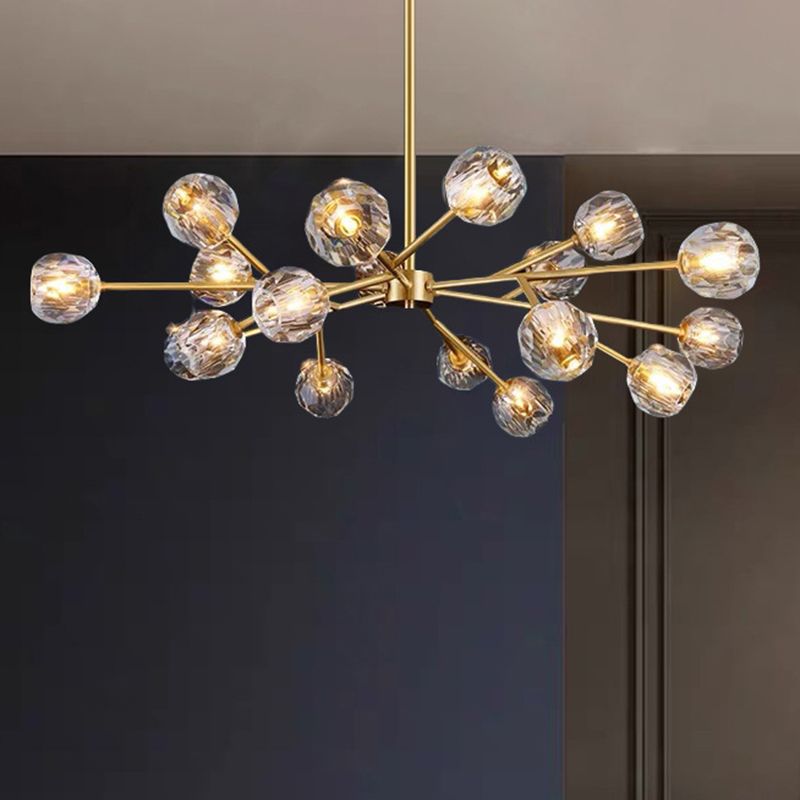 Branch Living Room Suspension Light Metal Artistic Chandelier Light with Faceted Crystal Shade in Gold