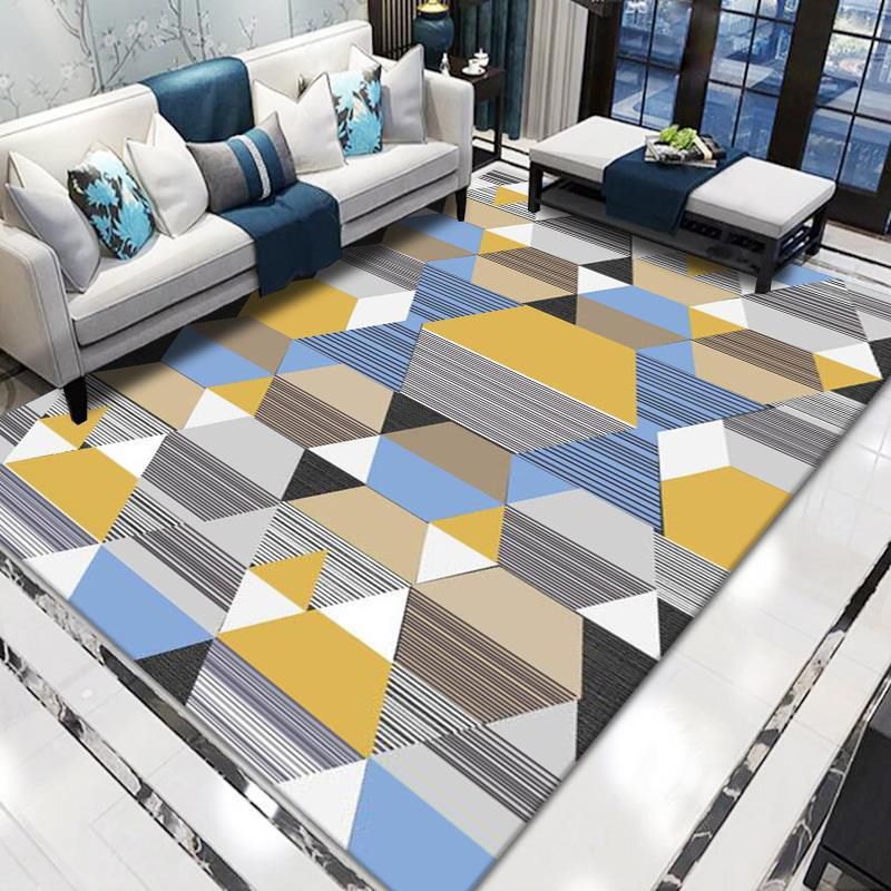 Grey Modern Area Carpet Geometric Pattern Polyester Area Rug Non-Slip Backing Rug for Home Decor