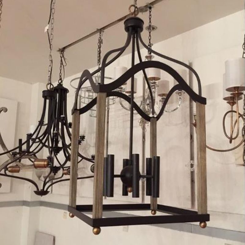 4 Lights Metal Hanging Chandelier Traditional Black Candle-Style Living Room Pendant Light Fixture with Cage