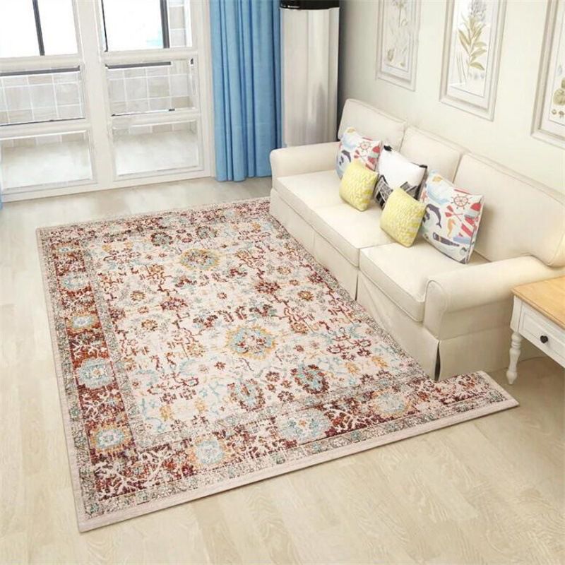 Whitewash Floral Rug Light Red Shabby Chic Rug Polyester Washable Non-Slip Backing Area Rug for Living Room