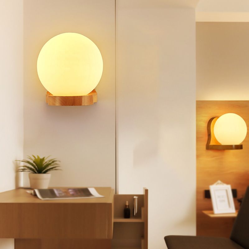 Nordic Wood Wall Light Globe 5.5" Wide Wall Sconce with White Glass for Bedroom
