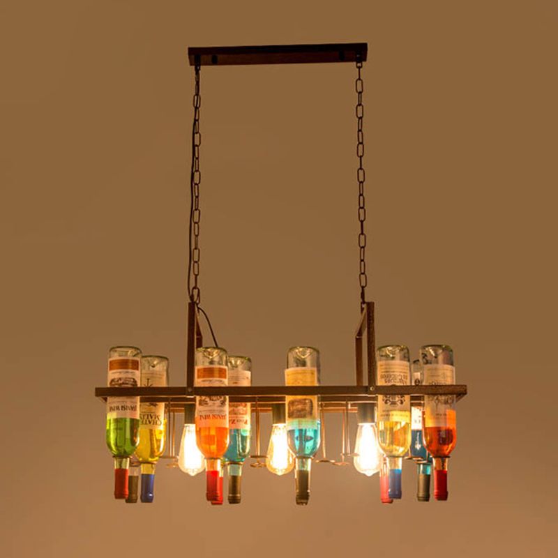 Rectangular Wine Bottle Cluster Island Light Multicolored Glass Art Decorative Island Ceiling Light for Bistro Bar