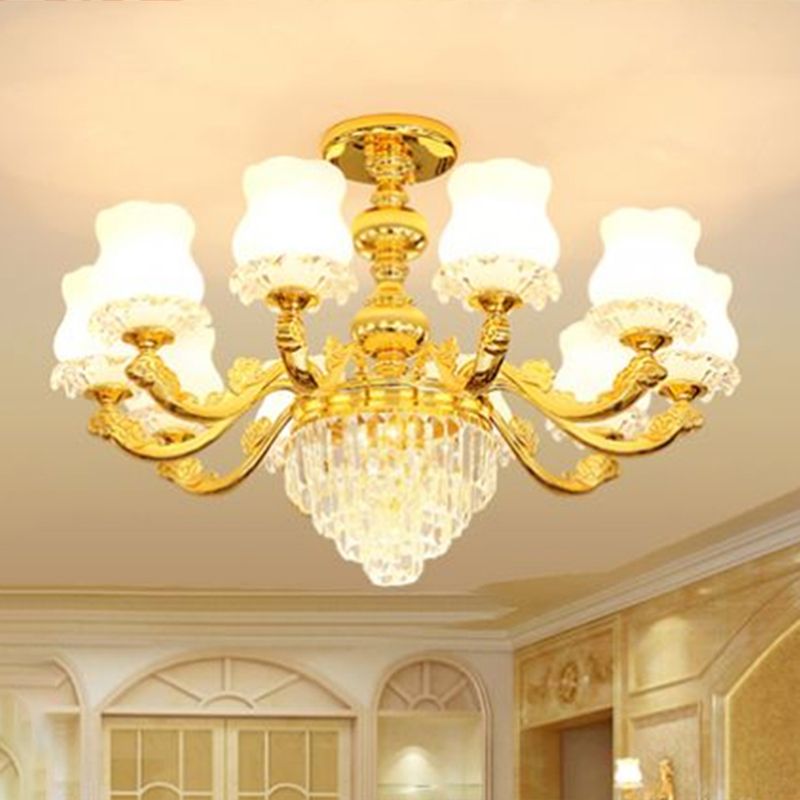 Retro Style Bud Suspension Light Cream Glass Chandelier Light with Layered Crystal Decor in Gold
