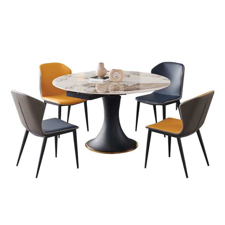 Mesa de comedor de piedra sinterizada de lujo con base de metal negro