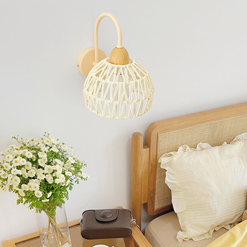 Single Light Wood Wall Sconce Rattan Dome Shade Wall Lighting in White