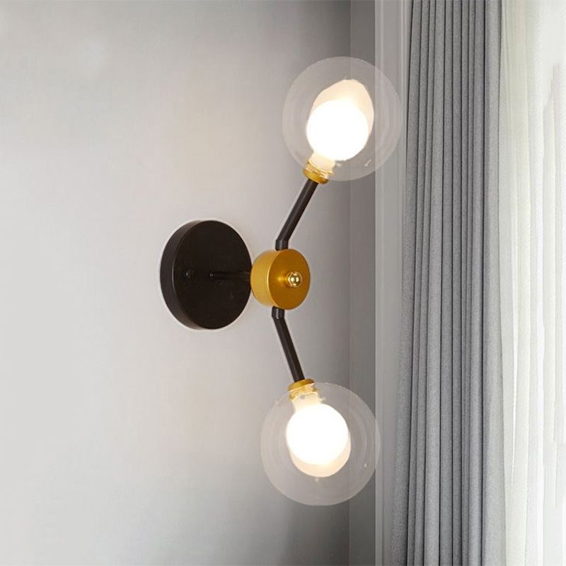 2 Lights Bedroom Sconce Light with Global Clear Glass Shade Modern Black Led Wall Mount Light