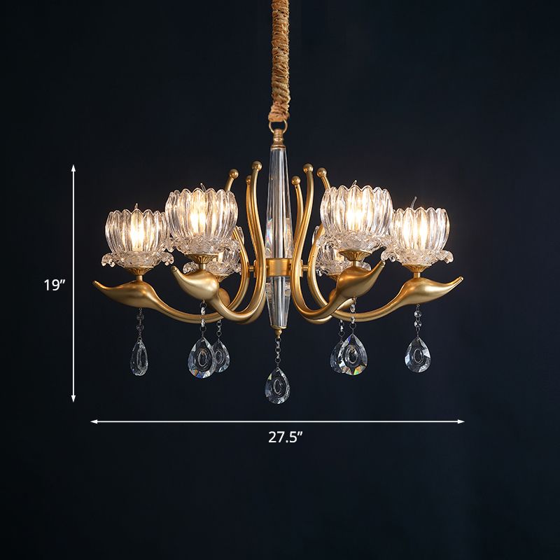 6-Light Lotus Shade Pendulum Light Traditional Gold Finish Clear Crystal Pendant Chandelier