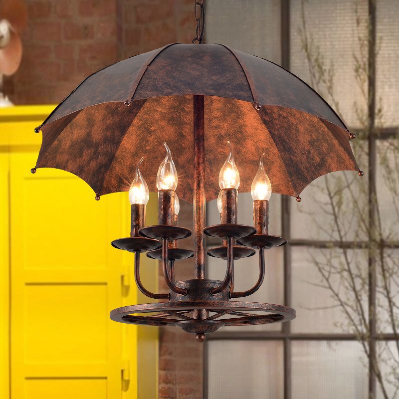 Rust Candle Suspension Light with Umbrella Shade 6 Lights Metallic Pendant Lamp for Boutique