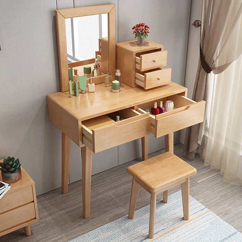 Mirrored Wood Makeup Dressing Table Stool Set with 4 Drawers