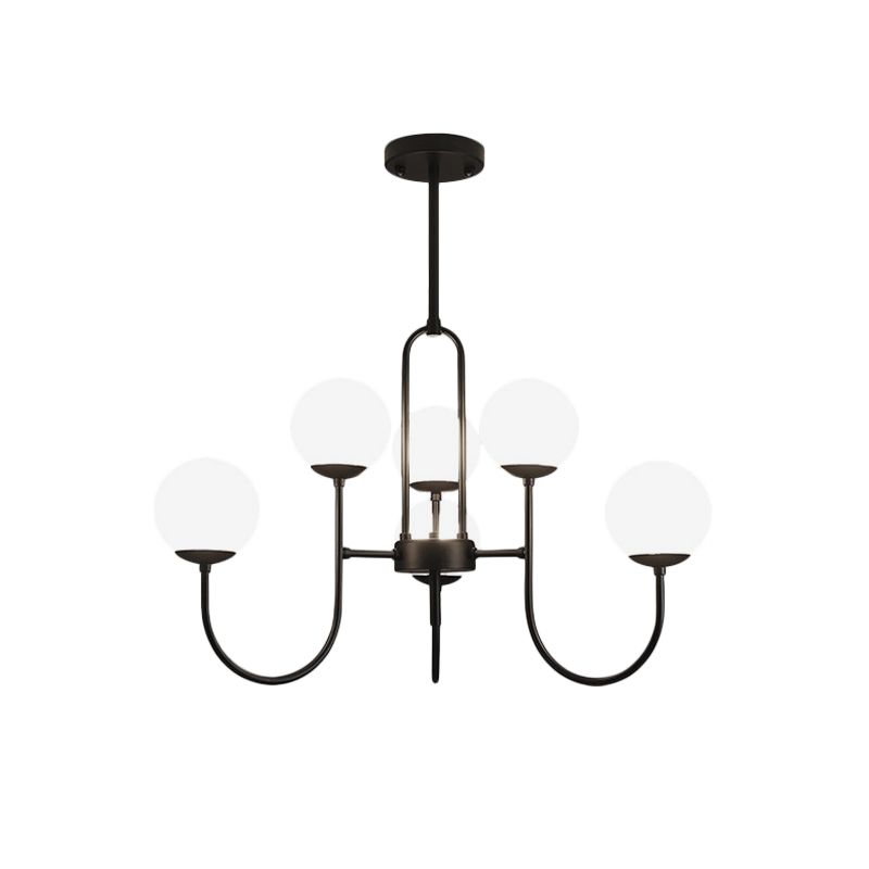 Arced Arm Iron Chandelier Light Fixture Modern 6/9-Head Black Finish Pendulum Lamp with Sphere Milk White Glass Shade