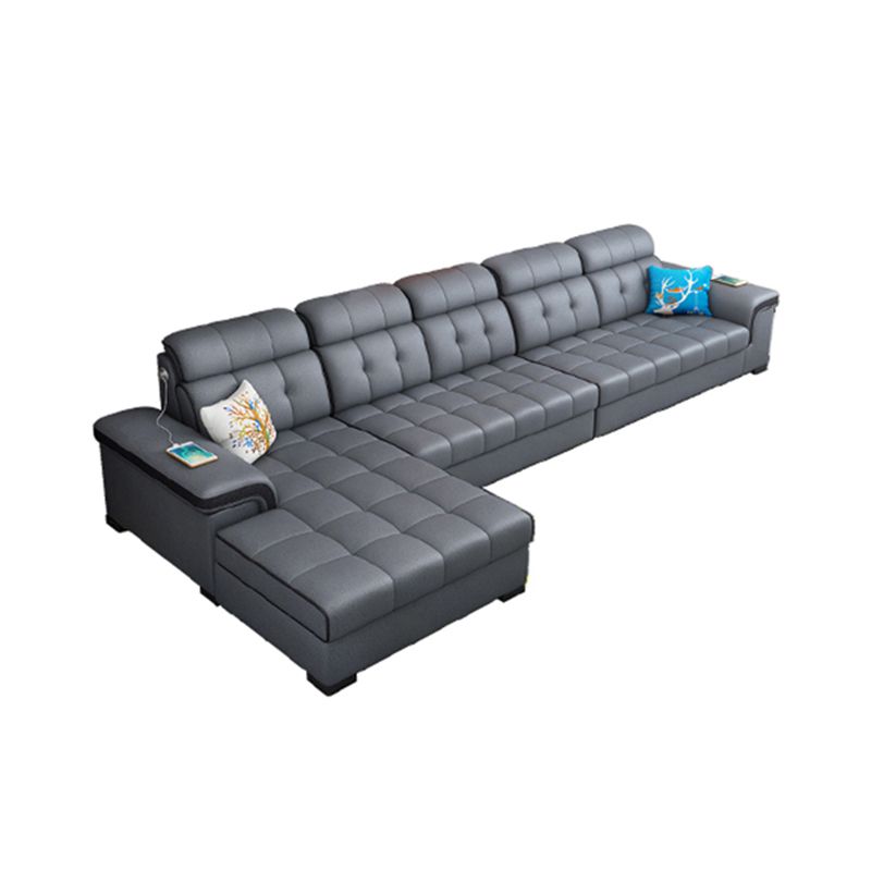 Sewn Pillow Back Sectional Convertible Grey Sofa Bed with Adjustable Headrest