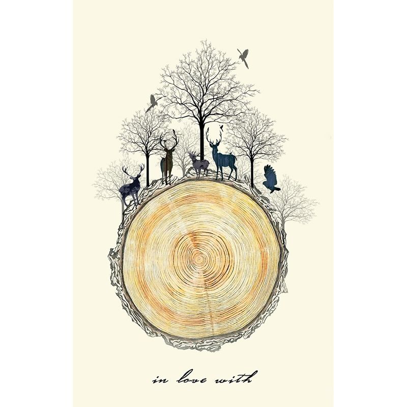 Decorative Deers Wall Mural Decal Beige Wood Trunk Wall Art for Living Room, Optional Size