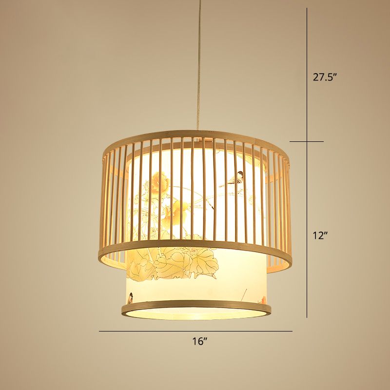 Drum Bamboo Pendant Lamp Asian 1-Light Beige Ceiling Light with Cylindrical Printed Shade