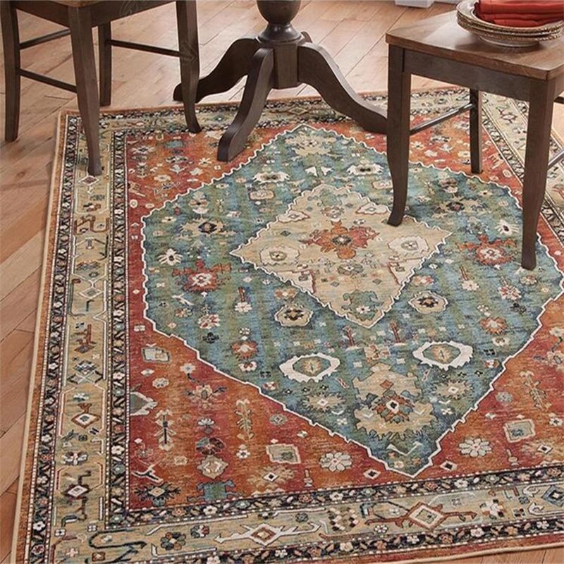 Persian Living Room Rug Multi Colored Geometric Carpet Polyester Pet Friendly Stain Resistant Anti-Slip Backing Rug with Braided Trim