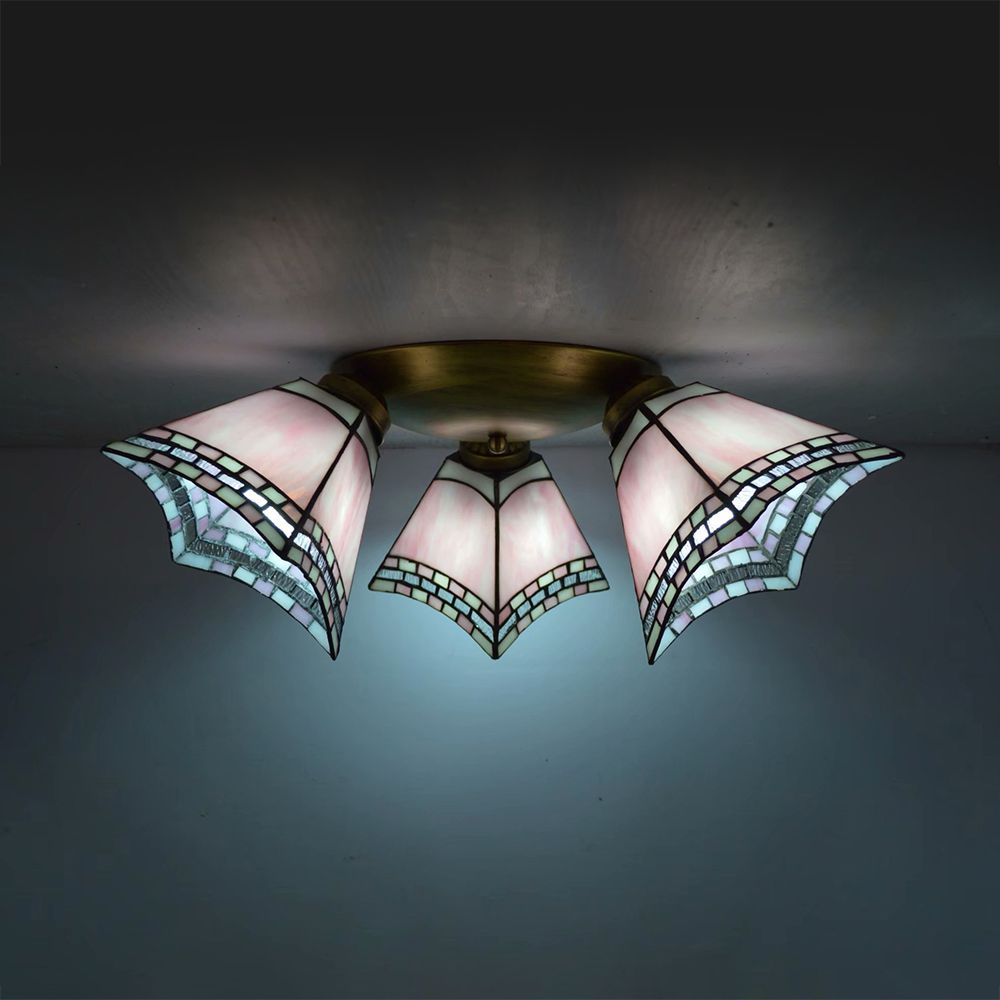 3 Heads Geometric Flushmount Light Vintage Stained Glass Flush Mount Ceiling Light in Yellow/Sky Blue/Pink/Green/Dark Blue for Bedroom