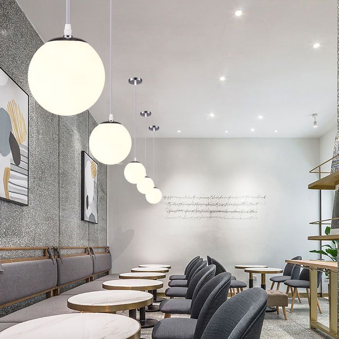 Chrome Finish Spherical Hanging Light Minimalist 1 Head White Glass Pendant for Dinner